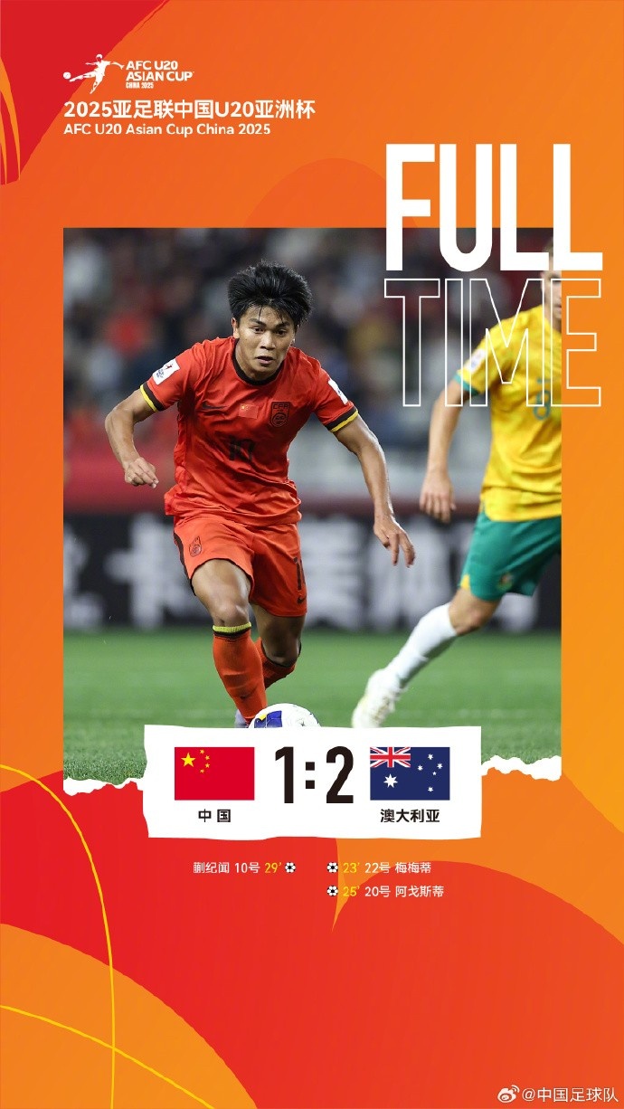  U20亞洲杯小組賽A組第三輪，中國隊1比2負(fù)于澳大利亞隊