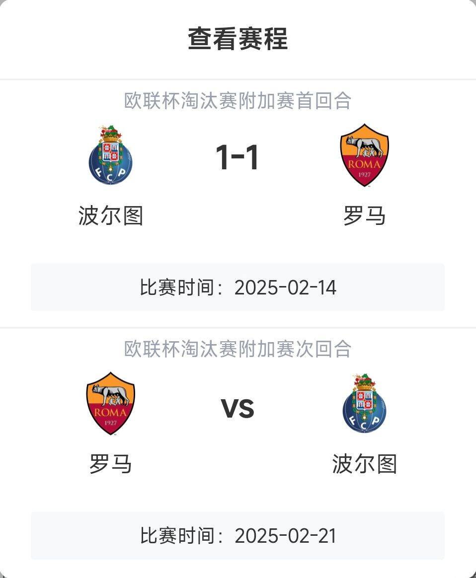 羅馬頂?shù)米幔恳饧讱W戰(zhàn)8隊3隊直通4隊出局，羅馬首回合1-1波爾圖