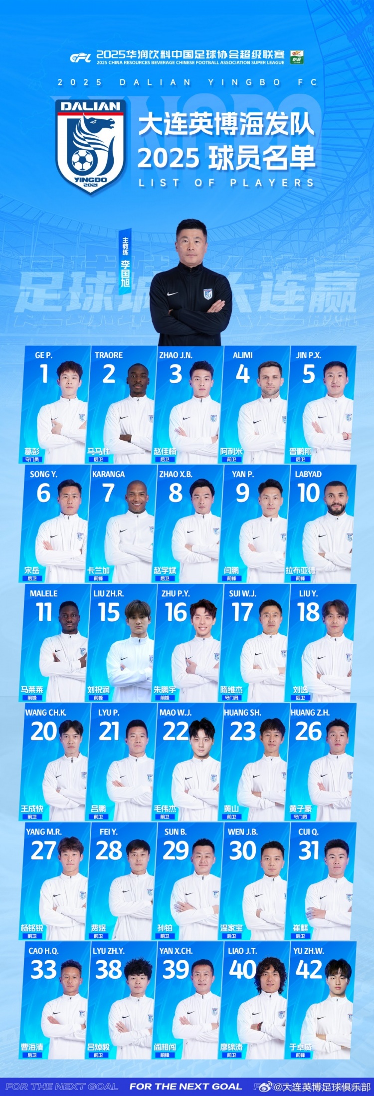  大連英博一線隊(duì)名單：10號(hào)拉布亞德領(lǐng)銜五外援，共30名球員入選
