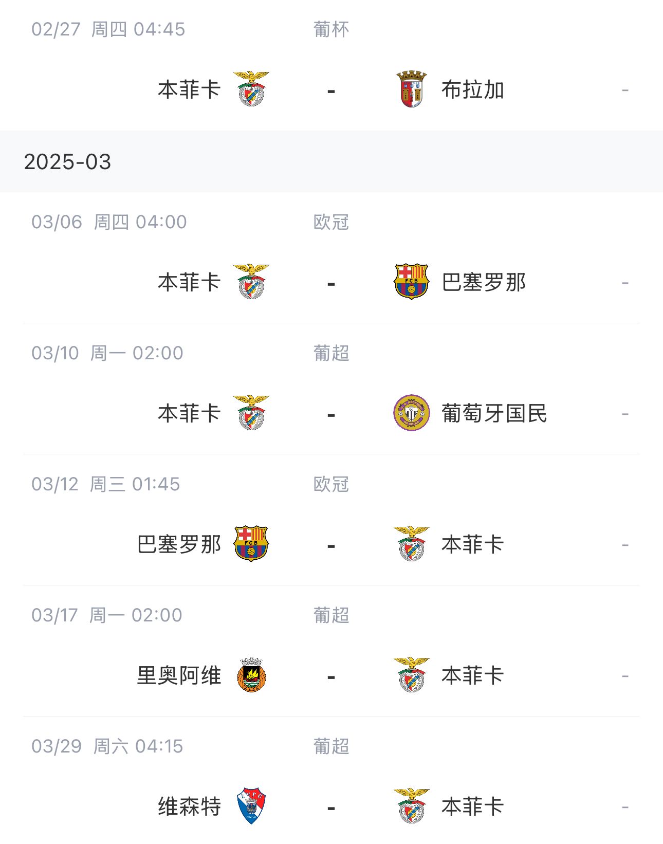  讓路歐冠！本菲卡戰(zhàn)巴薩首回合比賽前的葡超比賽推遲進行
