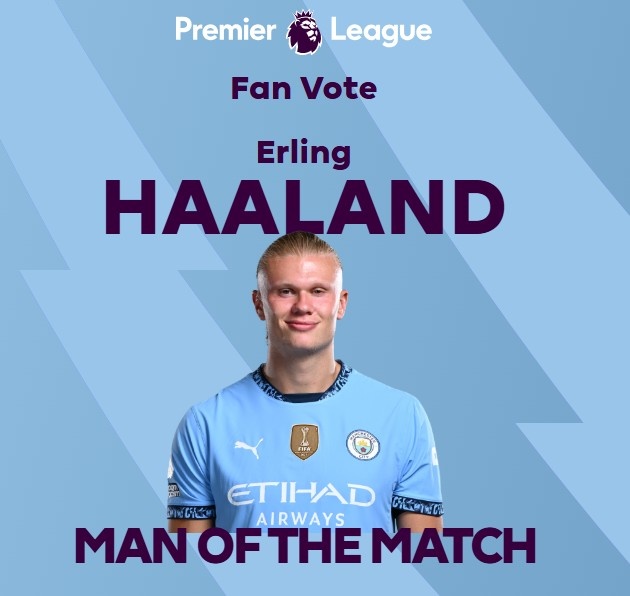  打進(jìn)致勝球！英超官方：哈蘭德當(dāng)選曼城1-0熱刺全場最佳球員
