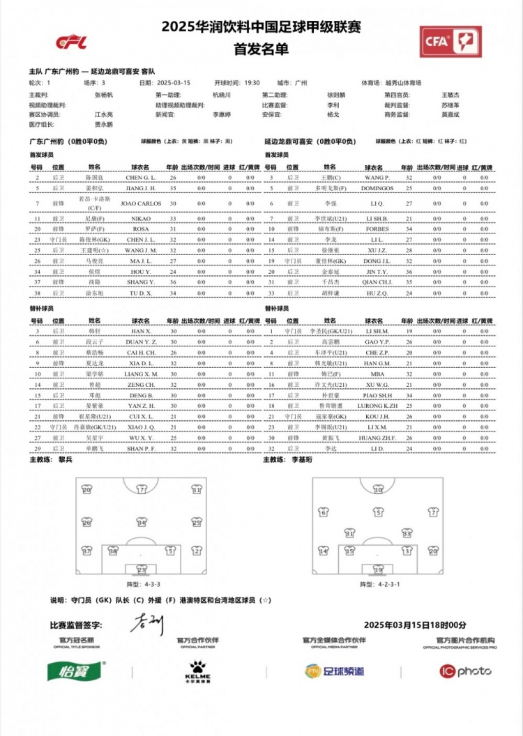  廣州豹vs延邊龍鼎首發(fā)：卡洛斯、羅薩、尼康三外援領(lǐng)銜廣州豹