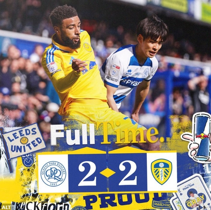  英冠榜首利茲聯(lián)連追兩球2-2戰(zhàn)平QPR，近4輪僅1勝領先優(yōu)勢縮小