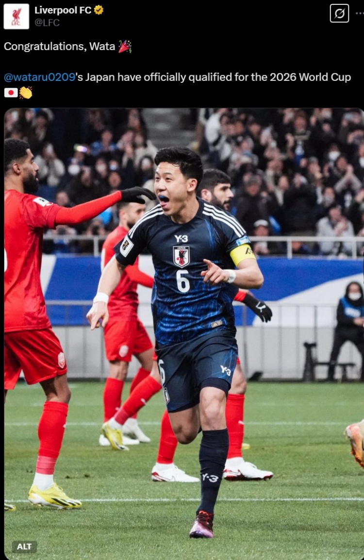  利物浦官推曬遠(yuǎn)藤航照片，祝賀其隨日本隊(duì)提前晉級(jí)世界杯