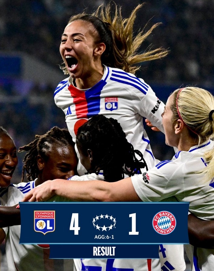  里昂女足4-1大勝拜仁女足，總比分6-1晉級(jí)女足歐冠半決賽