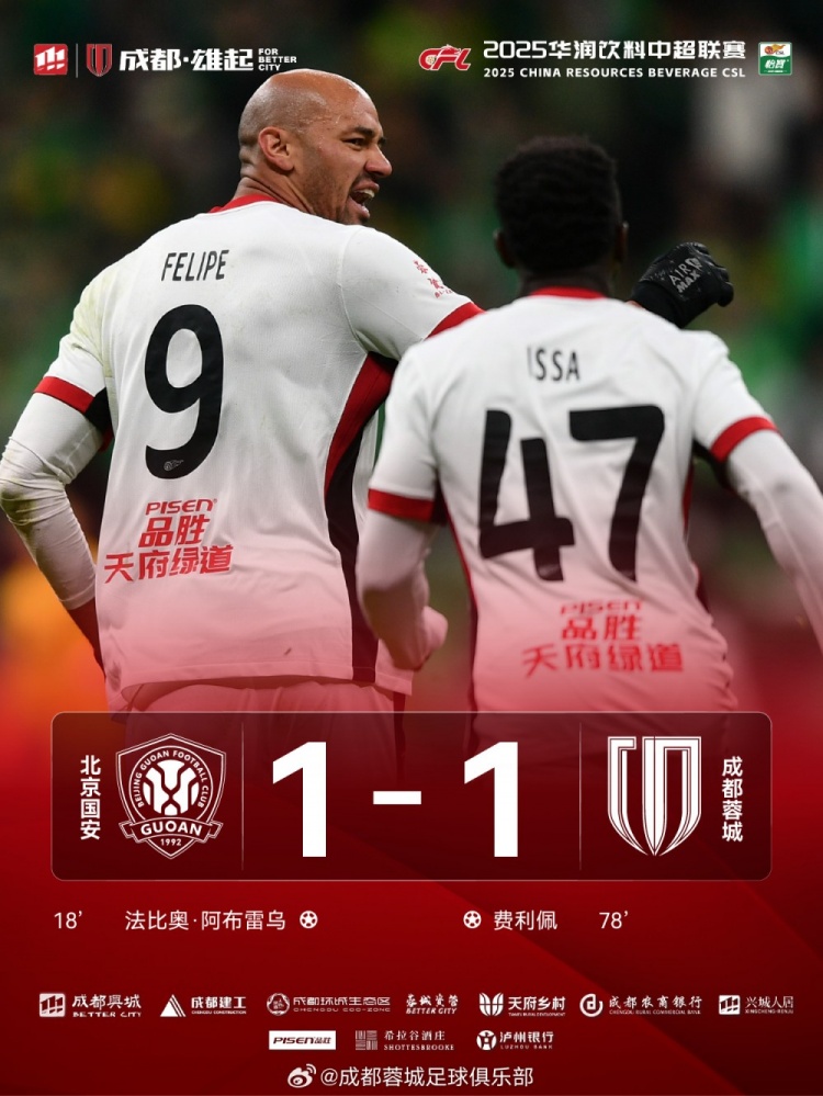  今晚成都蓉城遠征北京工體對陣北京國安，最終1-1戰(zhàn)平對手